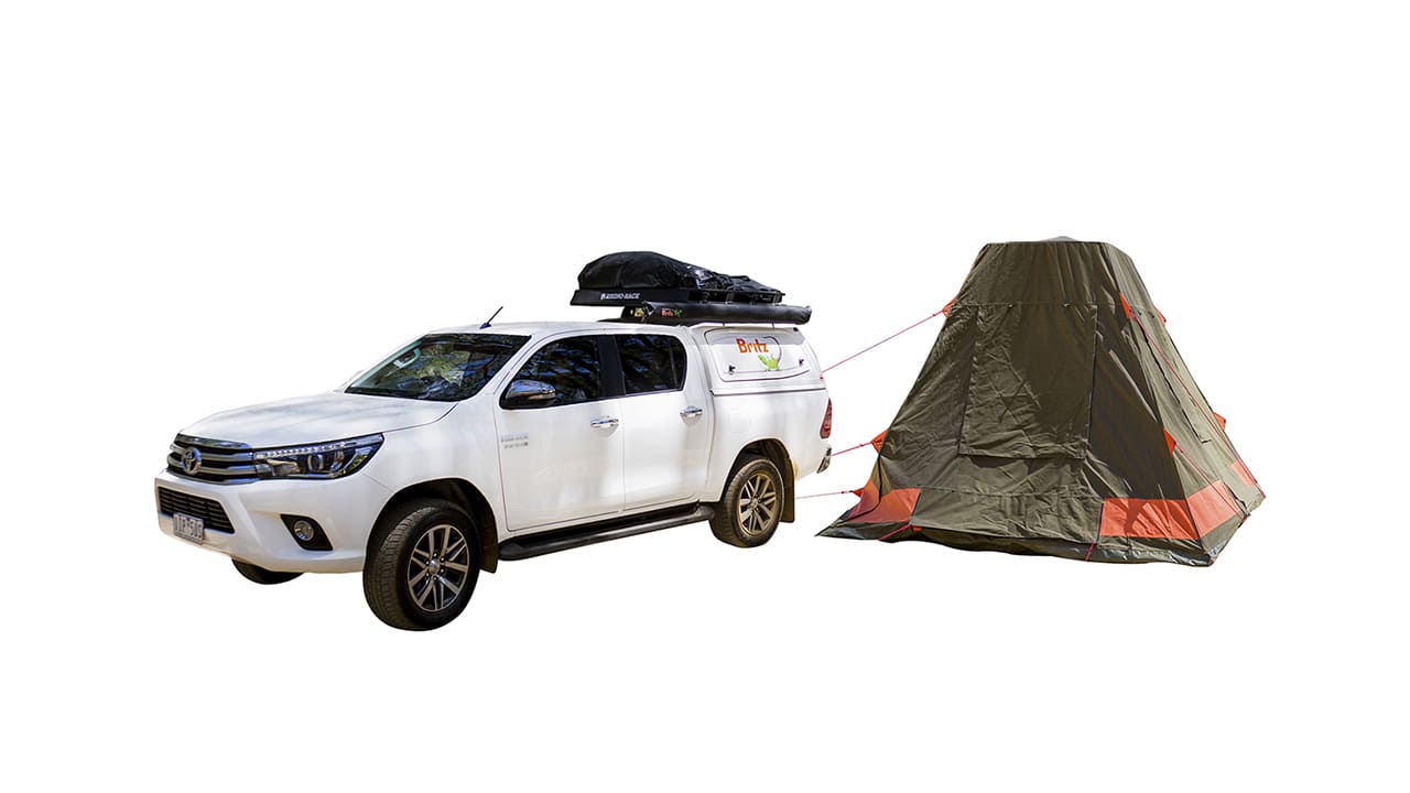 Britz Outback 5 4WD 5 Berth-exterior-with-tent-white-bg