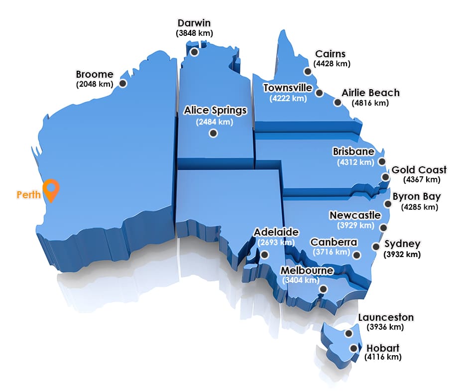 Map showing driving distances from Perth to major Australian motorhome hire locations