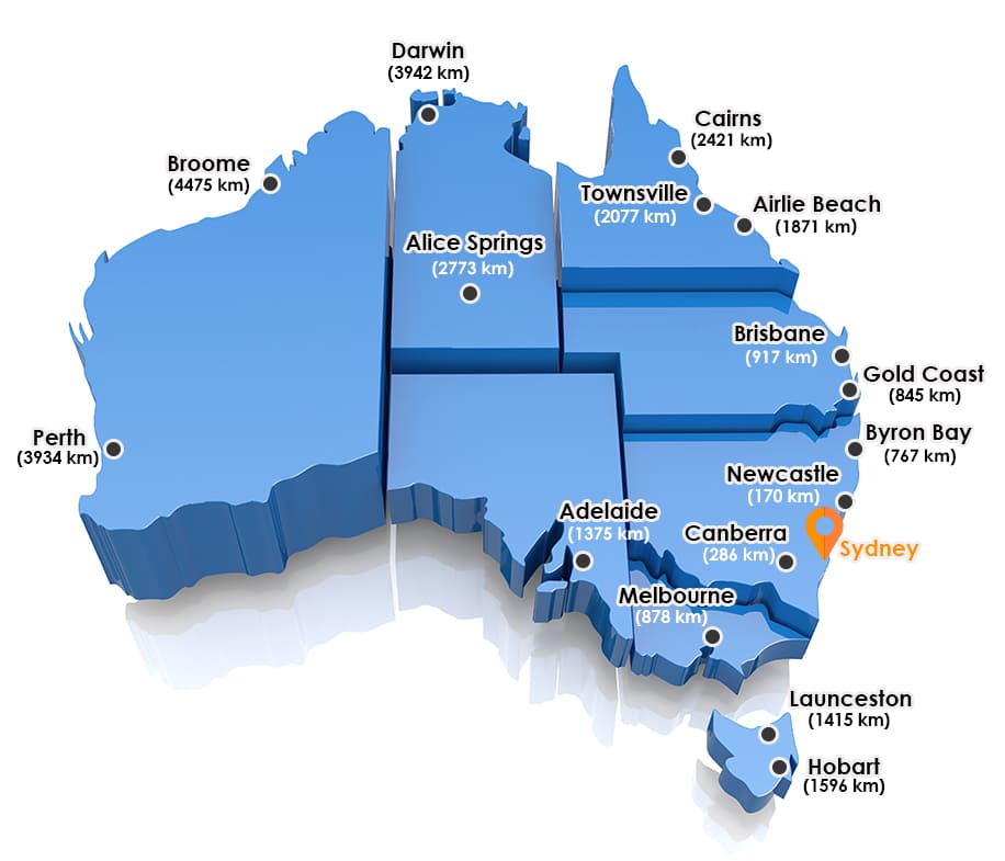 Map of popular one-way campervan routes and driving distances from Sydney across Australia