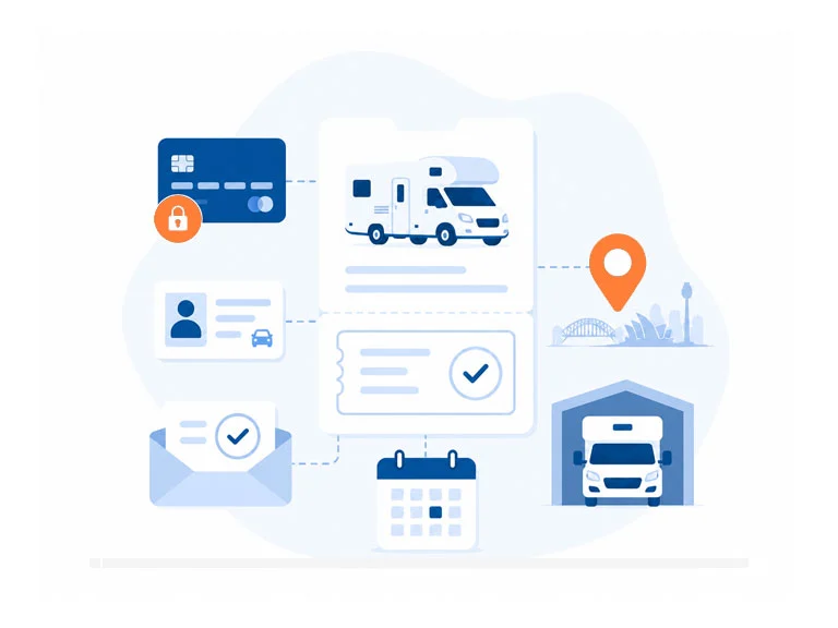 Online motorhome booking confirmation with payment card, licence, pickup date and depot collection