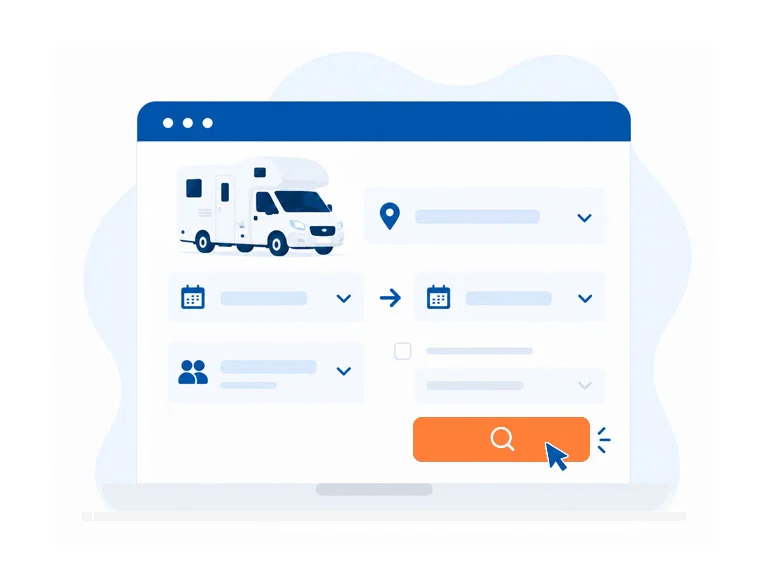 MotorhomeHire.com search form for choosing pickup, travel dates, return location and passenger details