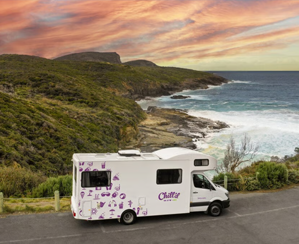 6 berth motorhome on a coastal road near Hobart, Tasmania