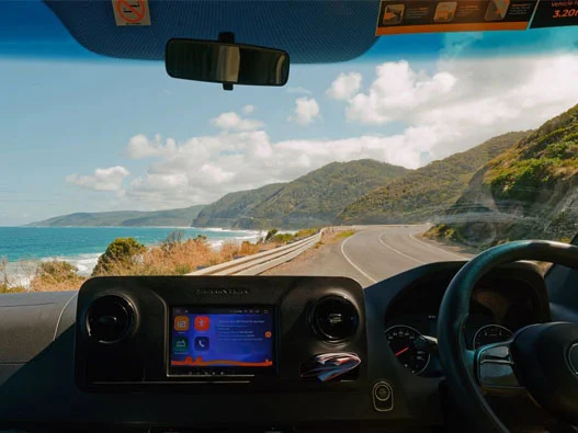 View from a hired motorhome driving the Great Ocean Road along Victoria’s coast, Australia