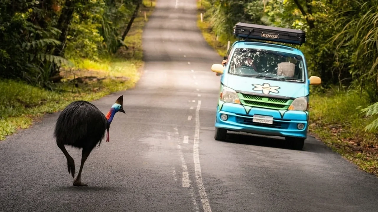 Mystery Machine 3 Rooftop Tent - 3 Berth - exterior driving with cassowary