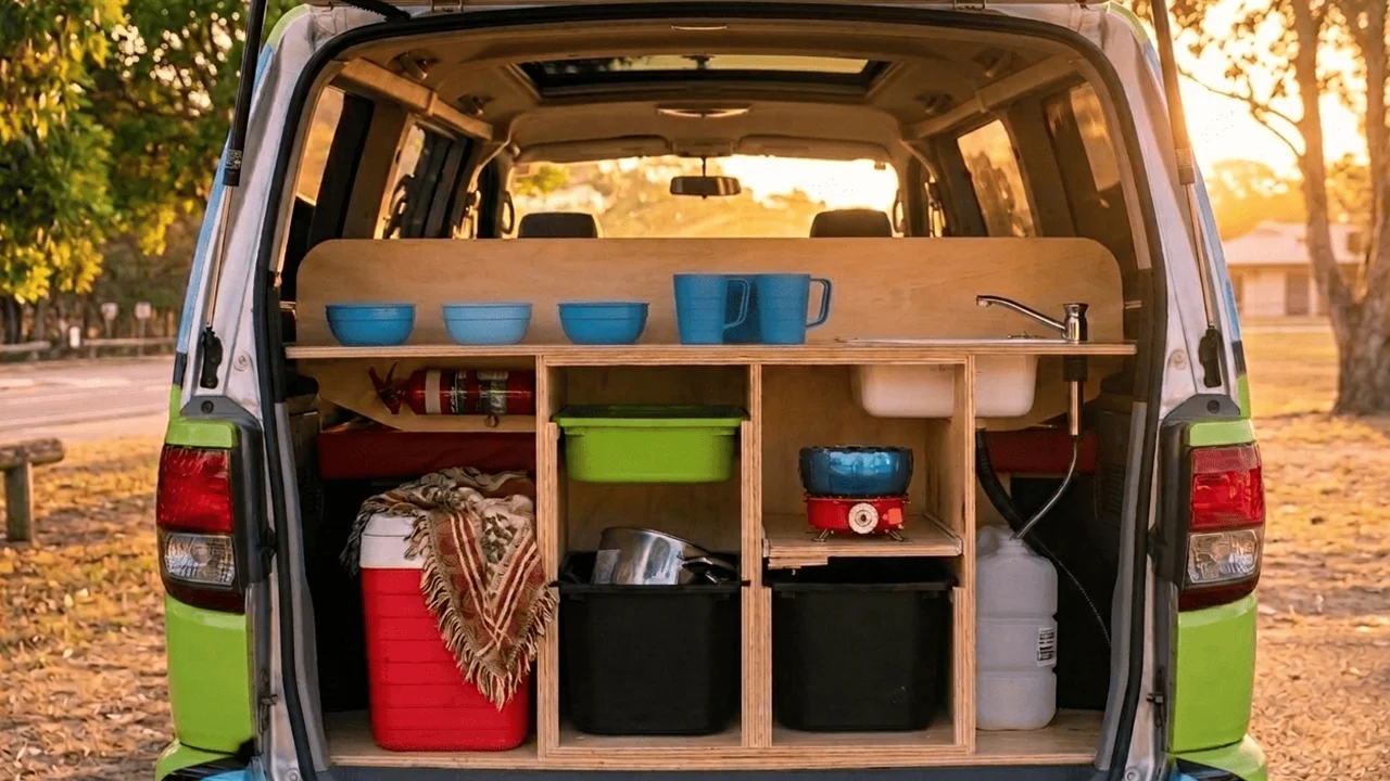 Mystery Machine 3 Rooftop Tent - 3 Berth - rear kitchenette storage