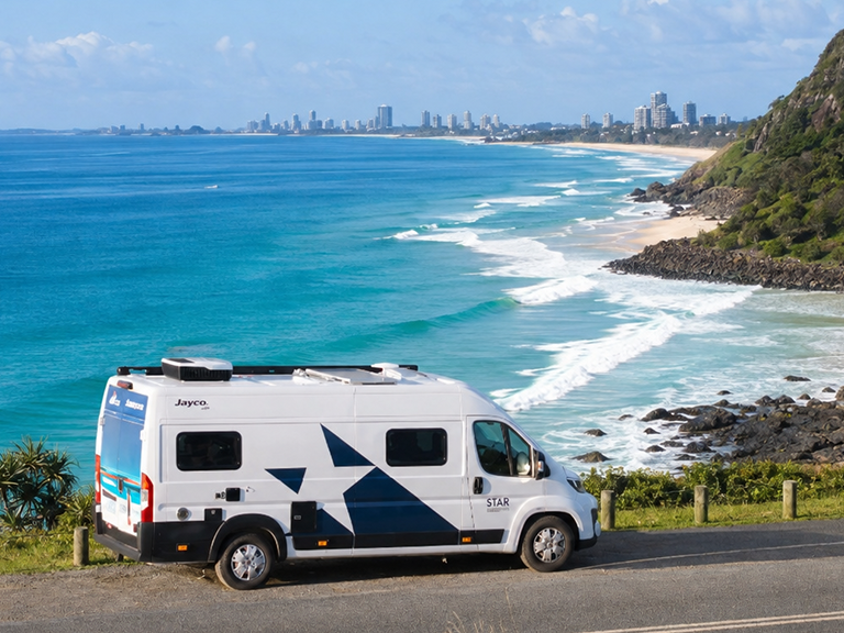 Campervan parked at Burleigh Heads overlooking the Gold Coast coastline