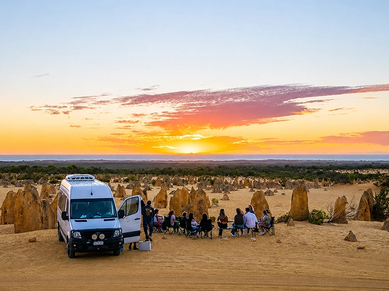 Travellers gathered beside a campervan hire at the Pinnacles Desert in Western Australia