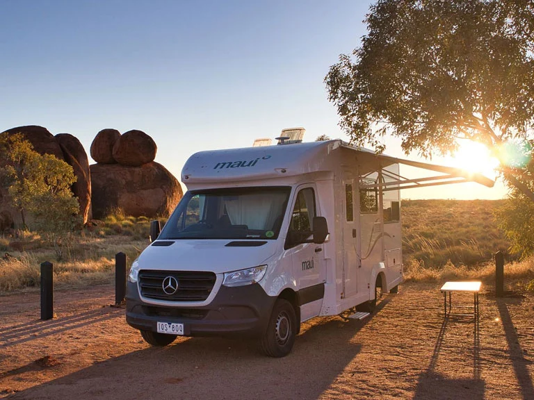 Maui Cascade motorhome rental at sunset in the Northern Territory outback
