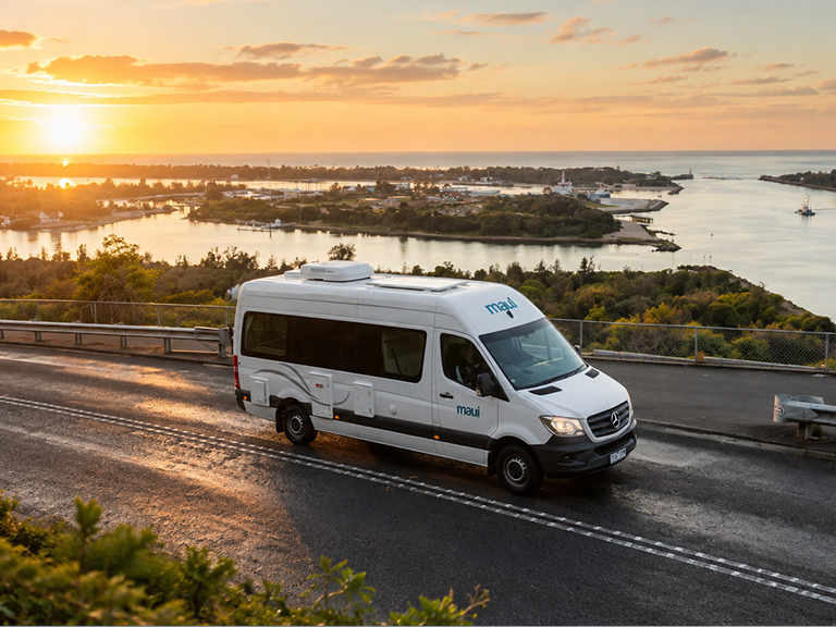 Maui motorhome rental travelling along the coast near Melbourne at sunset