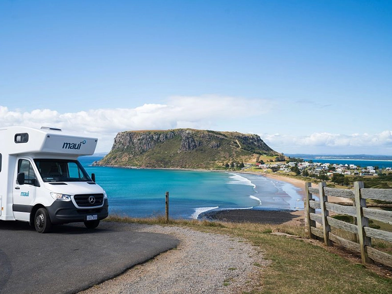 Maui motorhome overlooking The Nut and coastline at Stanley in northern Tasmania