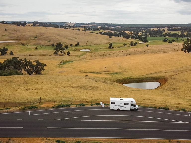 Motorhome rental parked along a rural road in the Blackwood River Valley, South West Western Australia