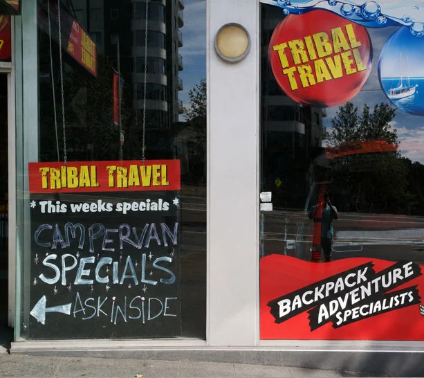 Outside Tribal Travel campervan hire shop in Darlinghurst, Sydney