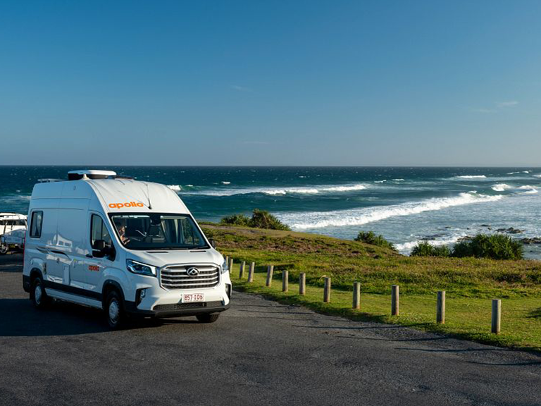 Apollo motorhome rental on Lighthouse Road at Fingal Head, New South Wales