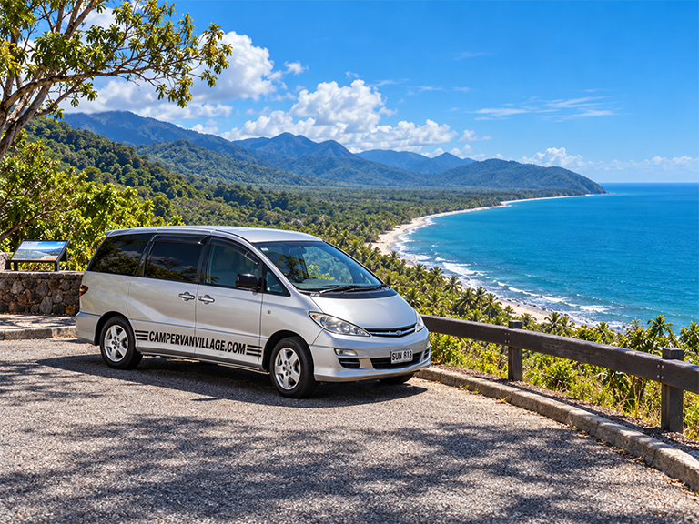Campervan at Rex Lookout on the Captain Cook Highway overlooking the tropical coastline north of Cairns