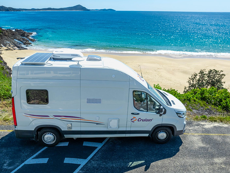 Cruisin campervan rental parked at the Lighthouse Road lookout in Crescent Head, New South Wales