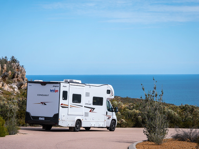 Let's Go motorhome parked at a coastal lookout in Cape Le Grand National Park near Esperance, Western Australia