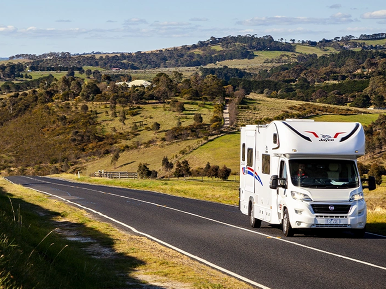Let's Go motorhome travelling along William Hovell Drive near Seymour in Victoria