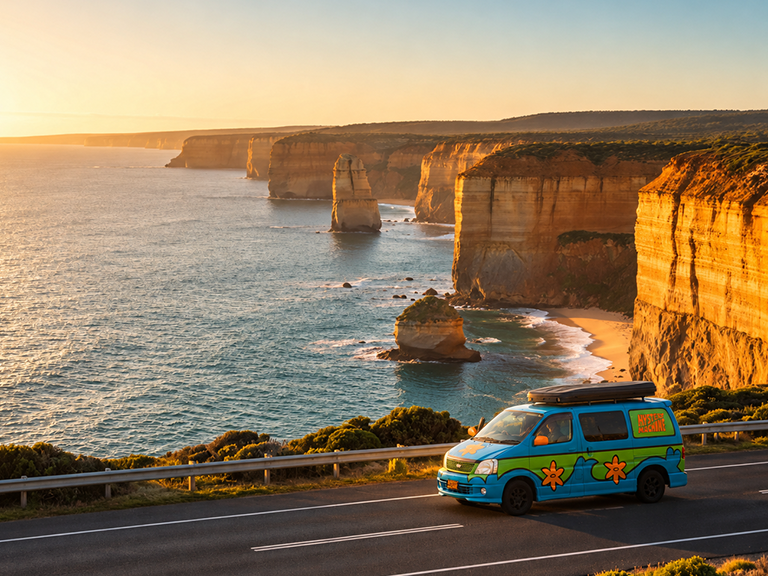 Mystery Machine campervan travelling along the Great Ocean Road near the Twelve Apostles in Victoria