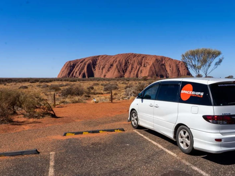 Spaceships campervan parked near Uluru in the Northern Territory, Australia