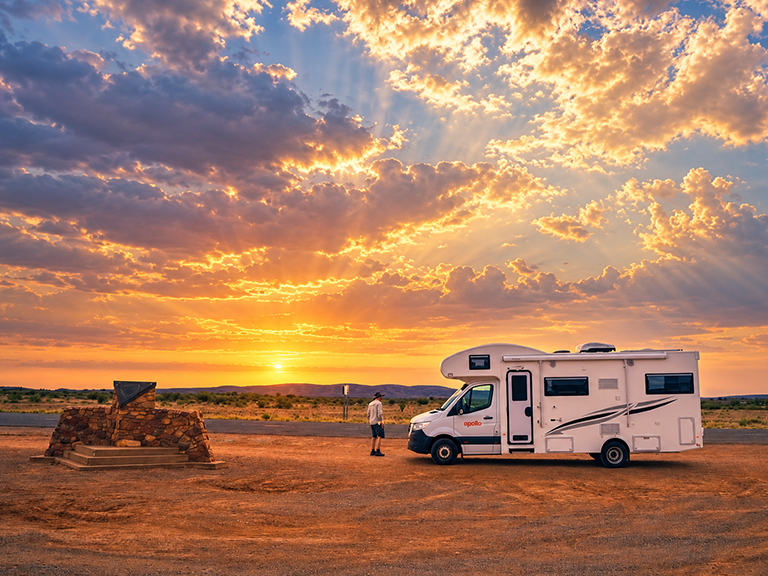 Apollo motorhome rental at the Red Centre Way rest stop near Alice Springs in the Northern Territory