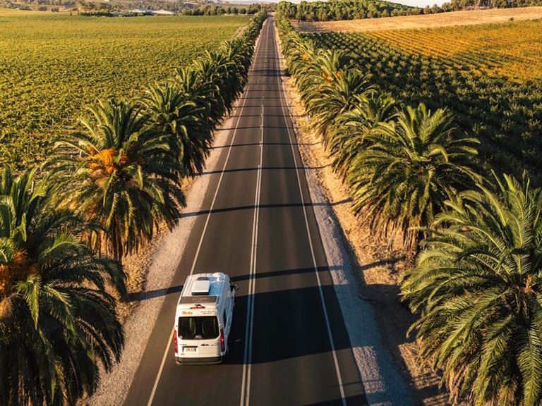 Britz campervan hire vehicle driving through the Barossa Valley in South Australia