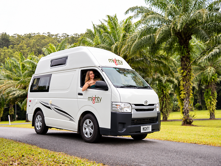 Mighty campervan hire vehicle near Flecker Botanic Gardens in Cairns, Queensland